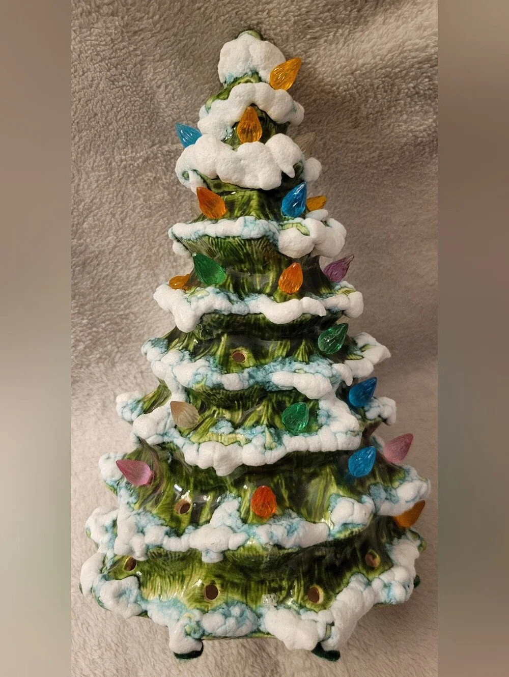 Vintage Ceramic Snowy Christmas Tree with Colorful Bulb Lights - Home Holiday